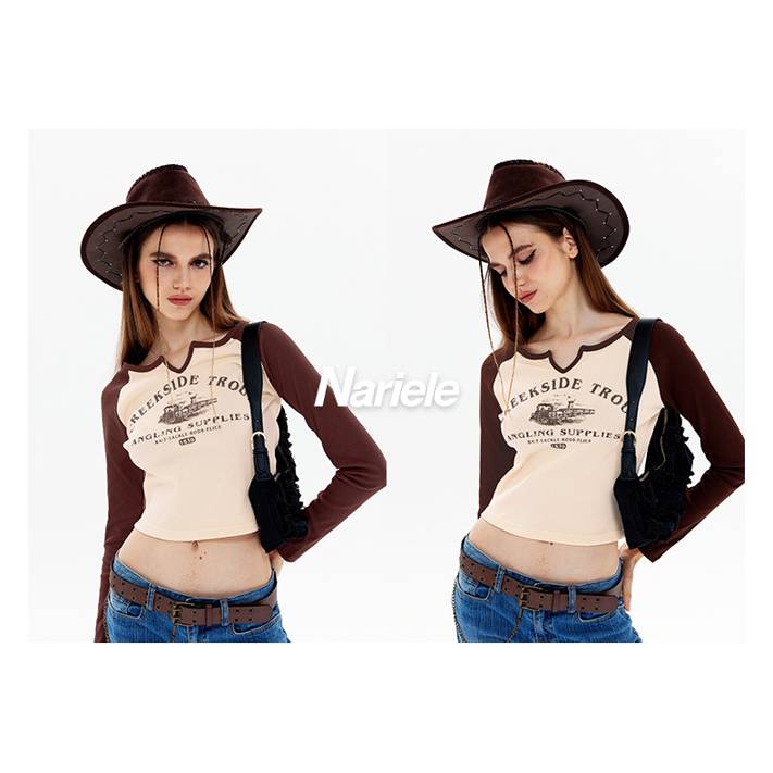 Women's Shoulder Long Sleeve Crop Toptrend Retro Girls Bare Midriff,Apricot S