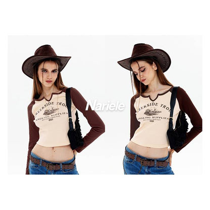 Women's Shoulder Long Sleeve Crop Toptrend Retro Girls Bare Midriff,Apricot S