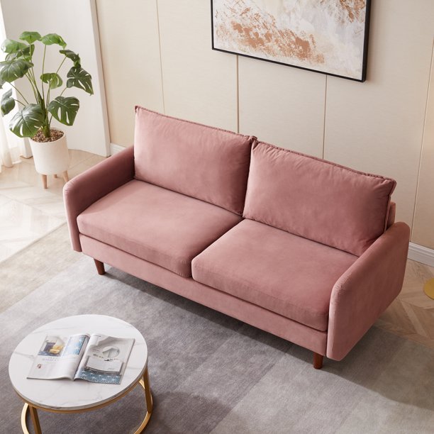 Kowilk Velvet Loveseat Sofa, 69'' Mid Century Modern Small Love Seats Furniture Comfy Couch for Living Room, Upholstered 2 Seater Sofa for Small Apartment（Pink）