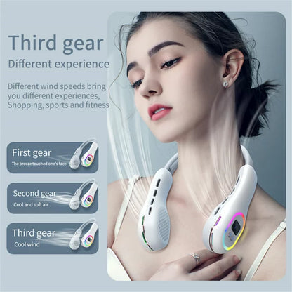 Portable Neck Fan, RGB Rechargeable Hands Free Bladeless Fan with LED Display, 360° Cooling Personal Fan with 3600 mah 3 Speeds Personal Wearable Quiet Fans for Office Outdoor Travel Home