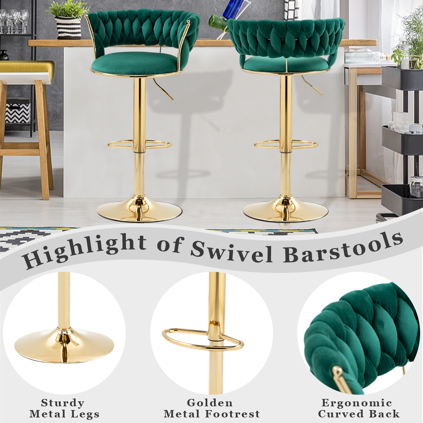 Kowilk Modern Swivel Bar Stool Set of 2, Velvet Bar Stool Height Adjustable Airlift with Backrest and Gold Footrest for Dining Room, Kitchen Island, Pub, Bar ( Emerald)