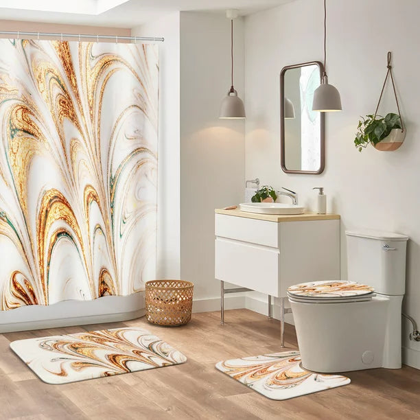 BSHAPPLUS 4PCS Bathroom Sets, 71"x79" Waterproof Shower Curtains with 12 Hooks, Large Bath Mat, Toilet Lid Cover and U-Shape Rug for Home Hotel Decor - Golden Marble