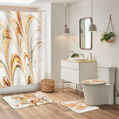 BSHAPPLUS 4PCS Bathroom Sets, 71"x79" Waterproof Shower Curtains with 12 Hooks, Large Bath Mat, Toilet Lid Cover and U-Shape Rug for Home Hotel Decor - Golden Marble
