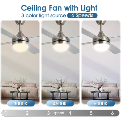 LAIGHTER 52 inch Ceiling Fan with Lights and Remote Control, 3-Color Temperature, Reversible Motor, 6 Speeds, Brushed Nickel