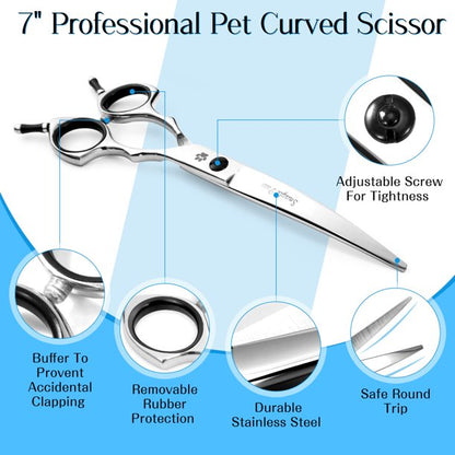 Snagle Paw Pet Cat Dog Grooming Scissors, Professional Pet Grooming 7-inch Curved Scissors, 440C Stainless Steel - Silver