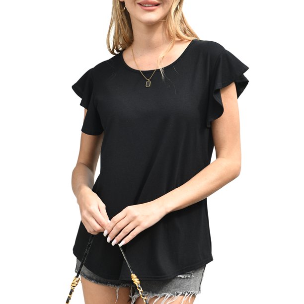 QINCAO Summer Tops for Women Solid Color Ruffle Short Sleeve Round Neck Tunic Tee Blouse for Women,XL(16-18)