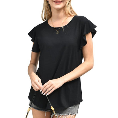 QINCAO Summer Tops for Women Solid Color Ruffle Short Sleeve Round Neck Tunic Tee Blouse for Women,XL(16-18)