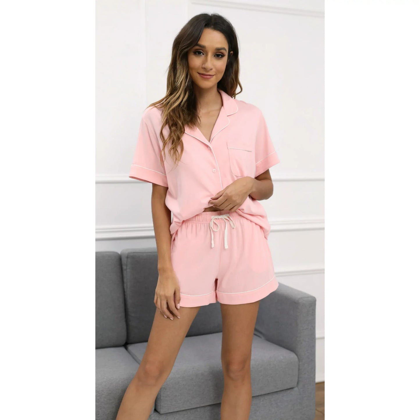 HEARTNICE Women Button up Pajama Set, Summer Lightweight Shorts Sleepwear Pjs Set,(Pink,L)