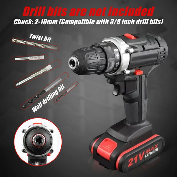 21 Volts Cordless Drill, Multifunctional Electric Power Drill Cordless, Variable Speed with 1500mAH Battery and 3/8-inch Chuck, Home DIY for Men Women Elderly