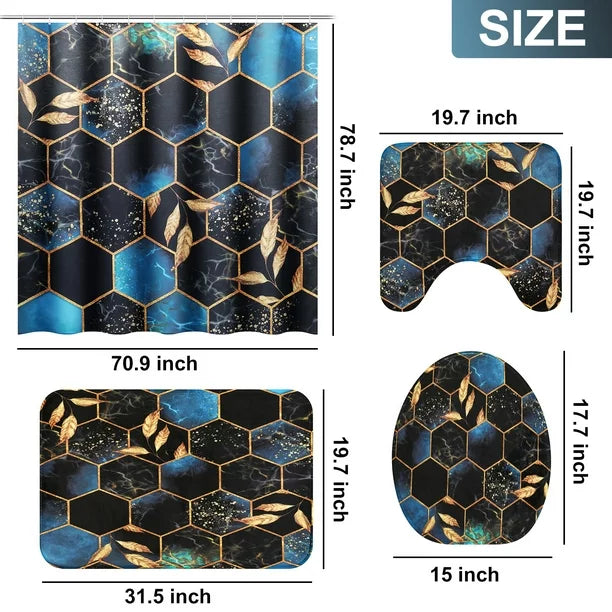 BSHAPPLUS 4Pcs Marble Shower Curtain Sets, 71"x79" Waterproof Bath Curtains with 12 Hooks, Non-Slip Rug, Toilet Lid Cover and U-shape Mat for Home Hotel Bathroom Decor