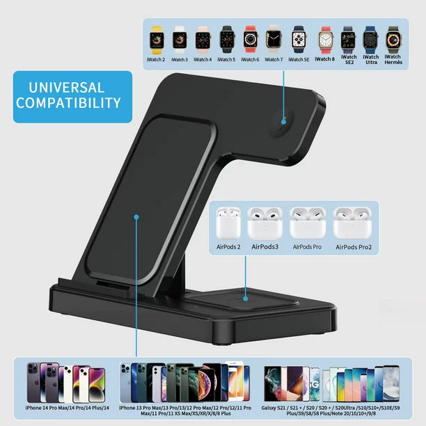 ifanze Wireless Charging Station, 3 in 1 Wireless Charger Stand, Fast Wireless Charging Dock for iPhone 14/13/12/11/Pro/X/Max/XS/XR/8/Plus, for Apple Watch7/6/5/4/3/2/SE, for Airpods 3/2/Pro, Black