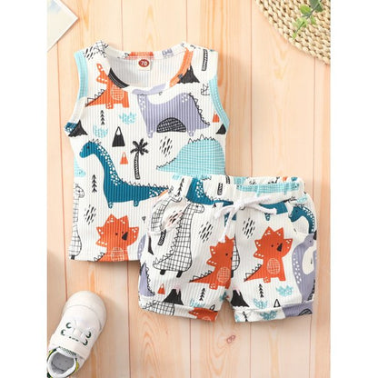 jaweiwi Infant Baby Summer Clothes for Boys, 3M 6M 12M 18M 24M 3T Toddler Dinosaur Print Outfits Crew Neck Sleeveless Tank Tops and Elastic Waist Shorts 2Pcs Suit
