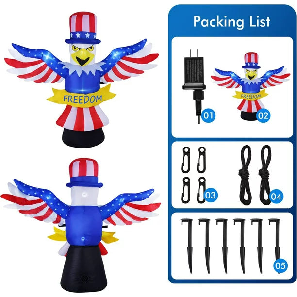 7FT Tall Patriotic Independence Day 4th of July Inflatable American Bald Eagle Lighted Blow up Party Decoration for Outdoor Indoor Home Celebration Garden Yard Photo Prop