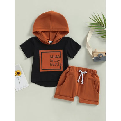 jaweiwi Infant Baby Summer Clothes for Boys 3M 6M 12M 18M 24M 3T Toddler Hooded Outfits Letter Print Contrast Color Short Sleeve Tops T shirt and Solid Color Shorts 2Pcs Suit