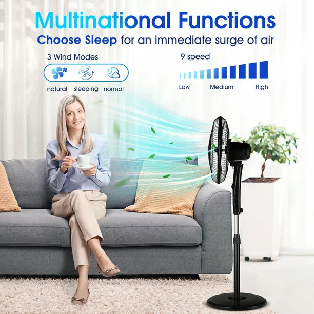 Melliful Pedestal Fan, 16" Adjustable Oscillating DC Fan with 3 Modes and 9 Speed, Less Noise Cooling Fan, Black