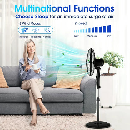 Melliful Pedestal Fan, 16" Adjustable Oscillating DC Fan with 3 Modes and 9 Speed, Less Noise Cooling Fan, Black