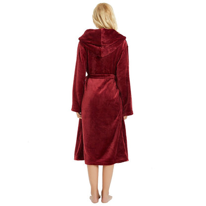 HEARTNICE Hooded Fleece Robe for Womens, Plush Bathrobe, House Coat, (Wine S-M)