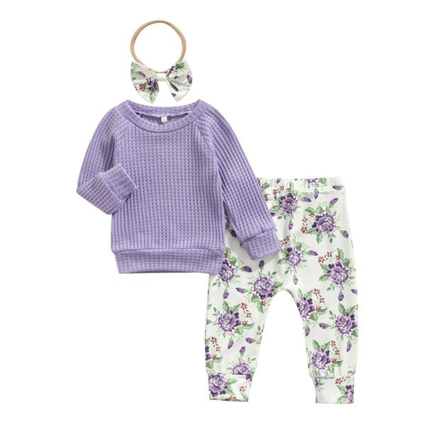 jaweiw Size 0 6 12 18 24 Months Baby Girl Clothes Set Solid Color Long Sleeve Knitted Tops and Floral Printed Pants Spring Fall Outfits