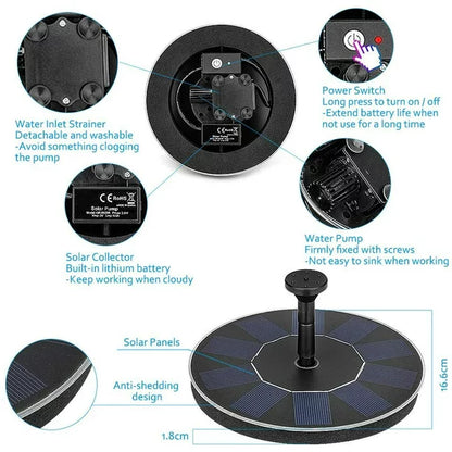 Solar Bird Bath Fountain Pump,Solar Fountain with 6 Nozzle, Free Standing Floating Solar Powered Water Fountain Pump for Bird Bath,Garden, Pond,Pool, Fish Tank,Garden Decoration,1.4W