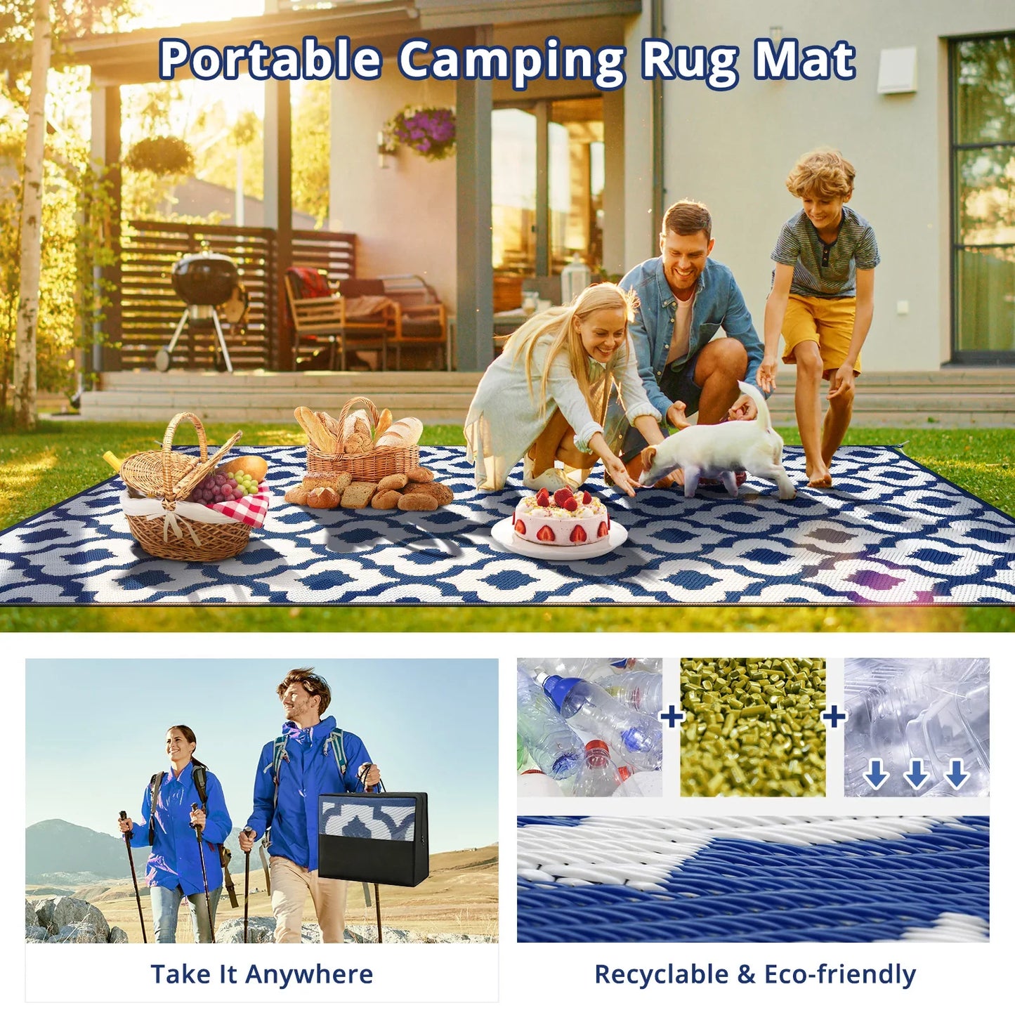 GOTGELIF 9x18 Outdoor Rug Waterproof Area Rugs Reversible Patio Rug Portable Rug with 4 Ground Nails for RV,Patio,Backyard,Deck,Picnic,Beach