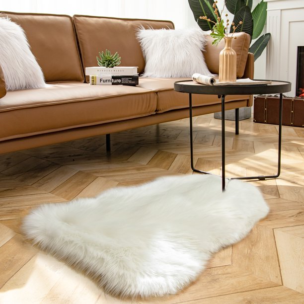 Soft Fluffy Faux Sheepskin Fur Area Rug Shag Plush Mat Home Decorative, White, 2 x 3 feet