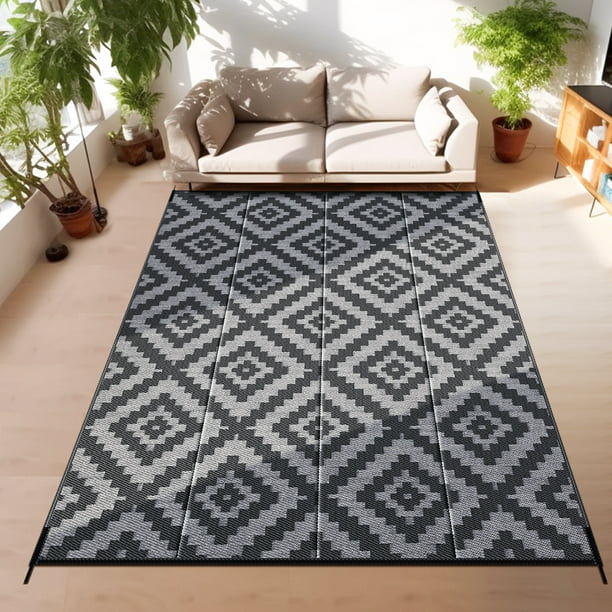 GOTGELIF 5x8 Outdoor Rug Waterproof Outdoor Area Rug Reversible Portable Outdoor Plastic Straw Rug Indoor Outdoor Carpet for Garden Porch RV Camping Mat Grey Black