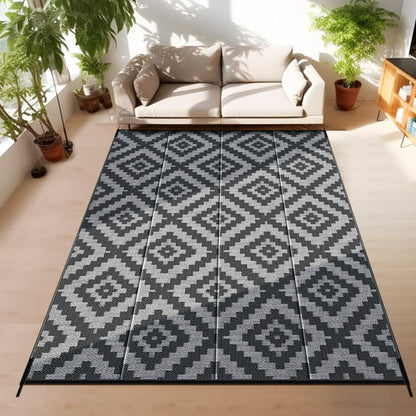 GOTGELIF 5x8 Outdoor Rug Waterproof Outdoor Area Rug Reversible Portable Outdoor Plastic Straw Rug Indoor Outdoor Carpet for Garden Porch RV Camping Mat Grey Black