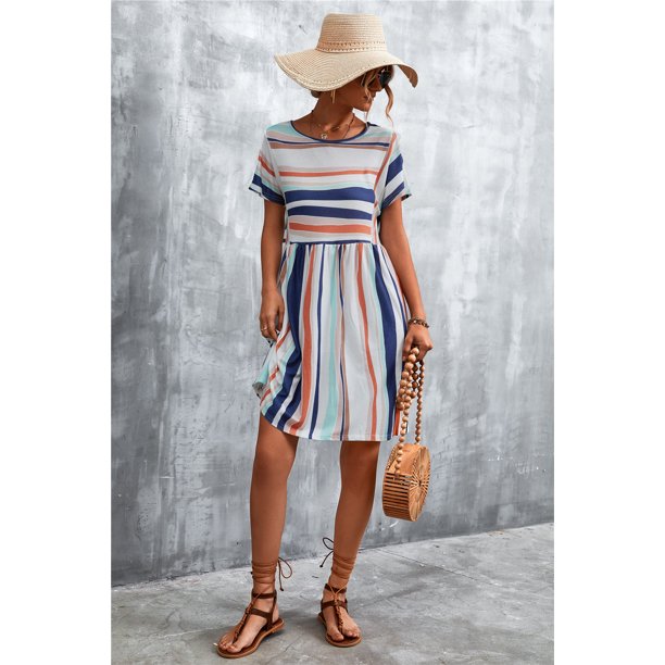 QINCAO Womens Dresses Stripe Summer Dresses for Women Casual Flowy Pleated Loose Dresses