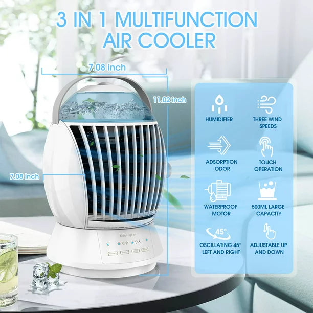 Melliful Portable Air Conditioner Fan, Air Cooler Fan with 3 Wind Speeds, Personal Desk 500ML Evaporative AC Fan with 90° Rotating Wind for Indoor Home Dorm Office Camping, White