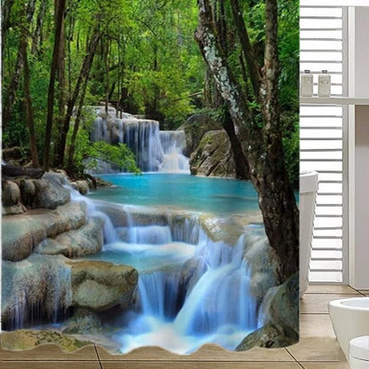 Waterproof Bathroom Shower Curtain Forest Waterfall Rocks Pattern with 12 Hooks Home Decor Art Decor 78 x 70 Inch