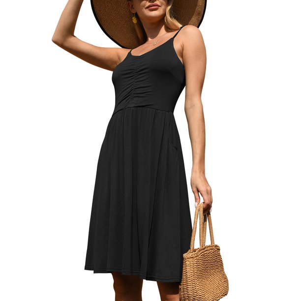QINCAO Dresses for Women 2023 Sleeveless Summer Dress A Line Spaghetti Strap Sundresses with Pockets,L(12-14)