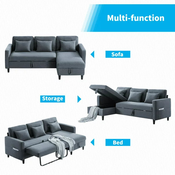 Mjkone Pull Out Sofa Bed, Convertible Sleeper Sofa with 3 Free Cushions, L Shaped Sofa Couch with Storage Chaise, Linen Fabric Sectional Couch Bed with 4 Storable Pockets for Living Room (Grey)