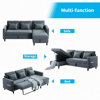 Mjkone Pull Out Sofa Bed, Convertible Sleeper Sofa with 3 Free Cushions, L Shaped Sofa Couch with Storage Chaise, Linen Fabric Sectional Couch Bed with 4 Storable Pockets for Living Room (Grey)