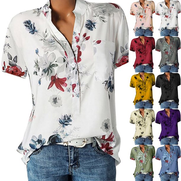 Womens Tops Women's Casual Printed V-neck Short-Sleeved Shirt Pullover Loose Blouse Tops L