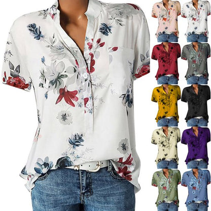 Womens Tops Women's Casual Printed V-neck Short-Sleeved Shirt Pullover Loose Blouse Tops L