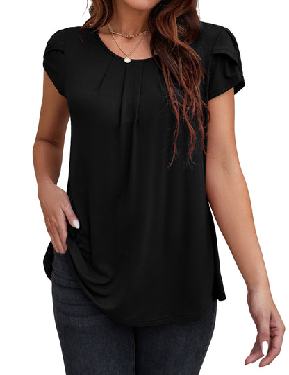 VOIANLIMO Womens Casual Round Neck Basic Pleated Top Cap Sleeve Curved Keyhole Back Blouse S-2XL