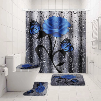 BSHAPPLUS 4Pcs 71x79in Blue Rose Shower Curtains with Large Rugs Set, Waterproof Bath Curtain+12 Hooks, Non-Slip Pad, Toilet Lid Cover and U-shape Mat for Home Hotel Bathroom Decor