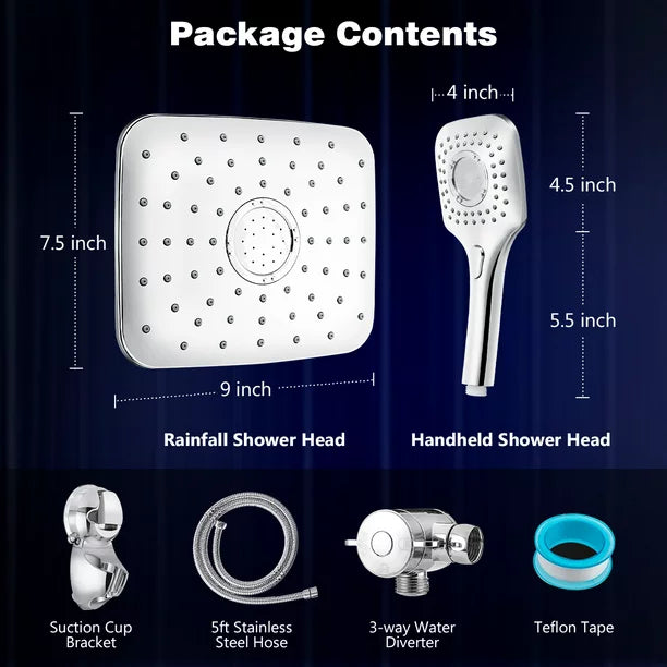 Adjustable Rainfall Shower Head Combo, Handheld with Strong Suction Cup Holder 3-Way Water Diverter 1.5M Hose