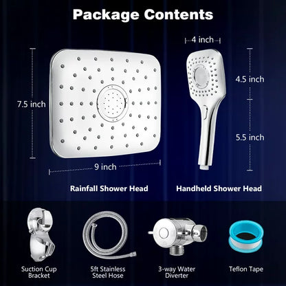 Adjustable Rainfall Shower Head Combo, Handheld with Strong Suction Cup Holder 3-Way Water Diverter 1.5M Hose