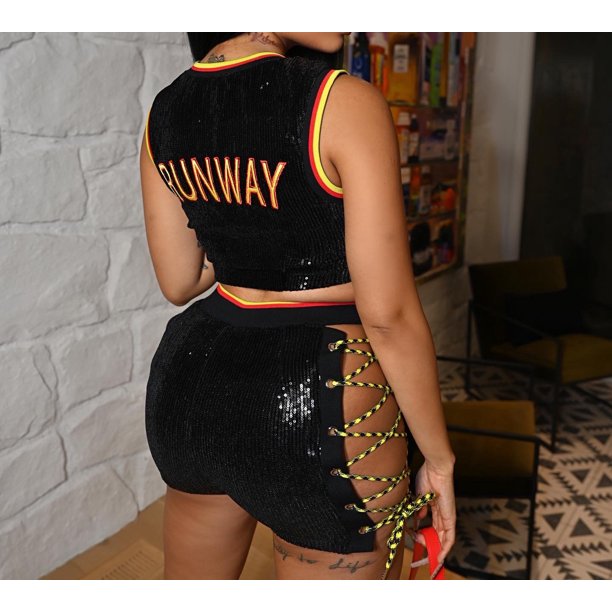 Womens Two Piece Outfits Sets Sleeveless sexy lace-up Crop Tops And Shorts Sets Embroidery and Sequins Design