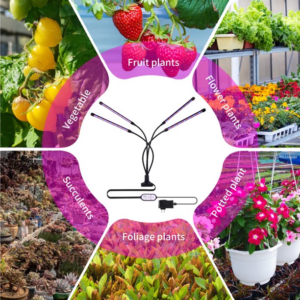 TUOY 84 LED Grow Lights for Indoor Plants Red Blue Spectrum Auto ON & Off 4 Head Clip-on 4/8/12H Timer 10 Dimmable Level Grow Light with DC Adapter