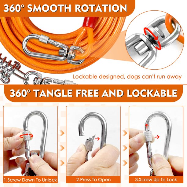 Tie Out Cable for Dogs, Extra Thick Dog Runner for Yard Camping, 30/50ft Dog Run Leash with Spring, Dog Lead for Dogs Up to 125/250lbs, Orange