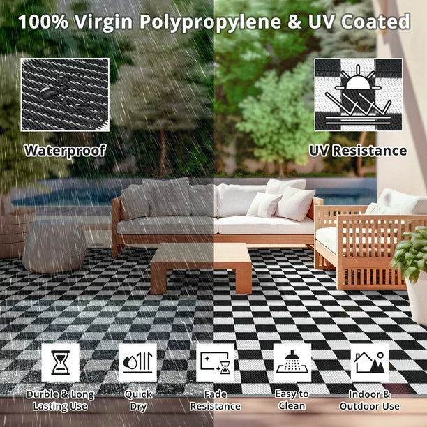 GOTGELIF 9x12 Outdoor Rug Plasti Straw Rug Black and White Rug Waterproof Area Rugs Reversible Patio Rug for RV,Patio,Backyard,Deck,Picnic,Beach