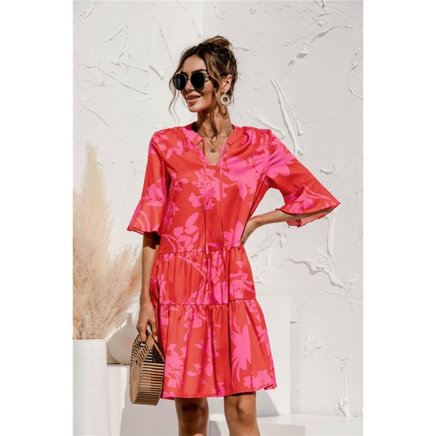 QINCAO Women Dresses Summer Dress V-Neck Short Sleeve T-Shirt Dress Babydoll Ruffles Casual Mini Female Dress Red