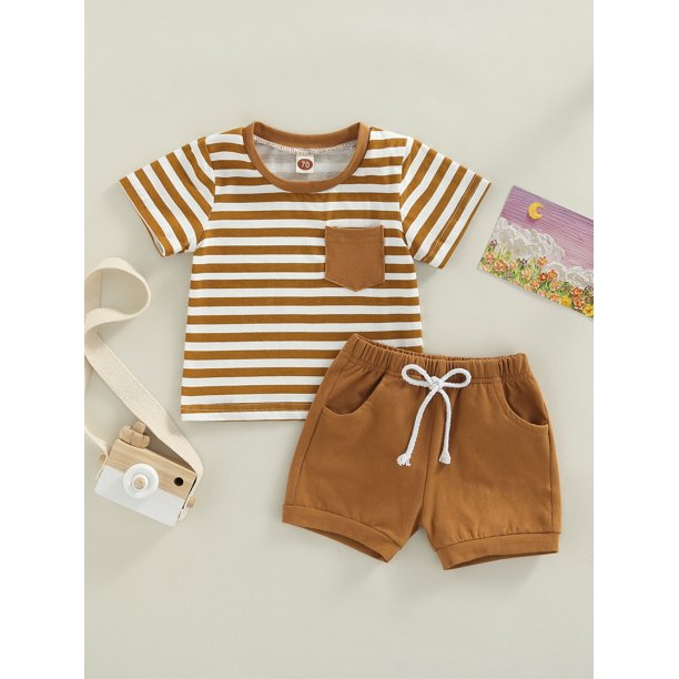 jaweiw Baby Boys Outfits Set, Short Sleeve Stripes T-shirt with Elastic Waist Shorts Summer Clothing,Size 0 6 12 18 24 M 3 Years