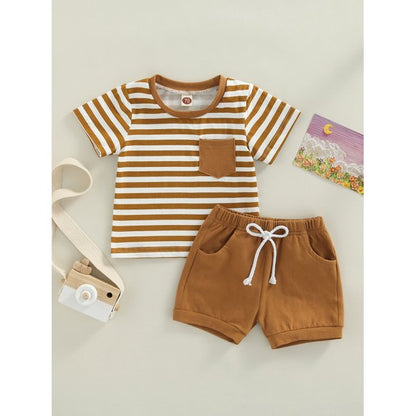 jaweiw Baby Boys Outfits Set, Short Sleeve Stripes T-shirt with Elastic Waist Shorts Summer Clothing,Size 0 6 12 18 24 M 3 Years
