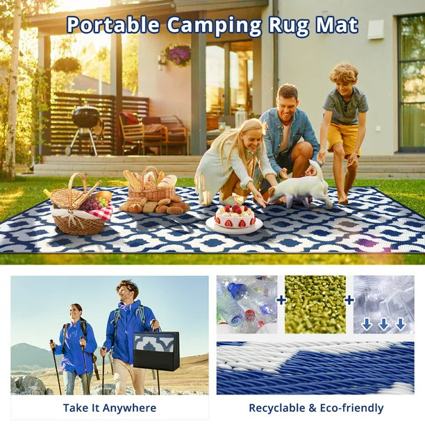 GOTGELIF 9x12 Outdoor Rug Waterproof Area Rugs Reversible Patio Rug Portable Rug with 4 Ground Nails for RV,Patio,Backyard,Deck,Picnic,Beach