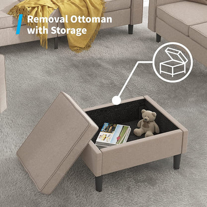 Mjkone Convertible Sectional Sofa Couch with Storage Ottoman, 3 Pcs Couch Set with Storage Pockets, Sectional Couches for Living Room, 3-Seater + Ottoman+ 1-Seater (Beige)