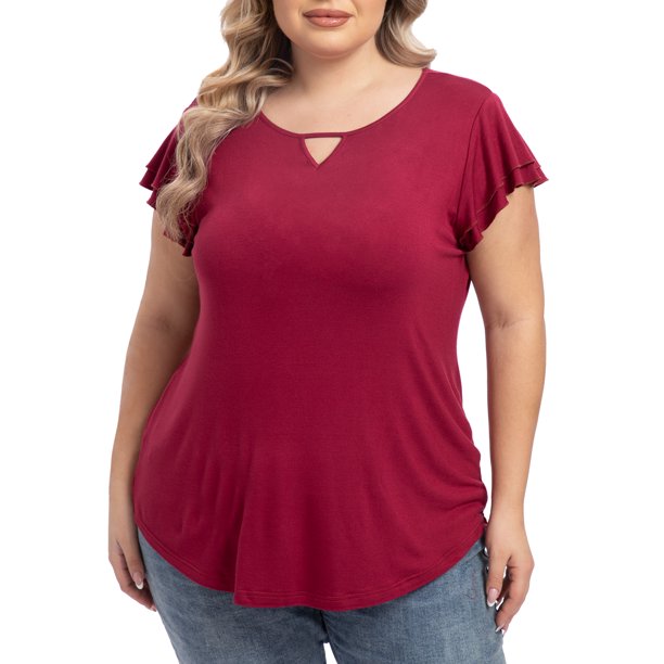 QINCAO Plus Size Tops for Women Summer Ruffle Short Sleeve Womens Blouses Tunic Loose T Shirts,2XL(20-22)