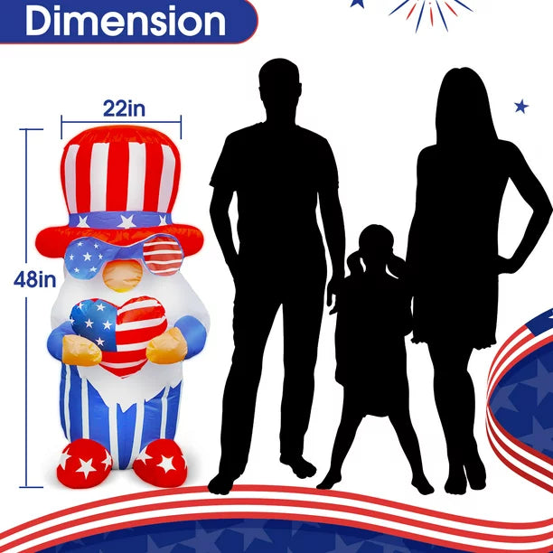 ifanze 4Ft Independence Day Inflatable Gnome Holding America Heart Decor Patriotic 4th of July Blow Up Dwarf with LED Lights for Home Yard Lawn Garden Indoor Outdoor Decoration Memorial Day ,Blue
